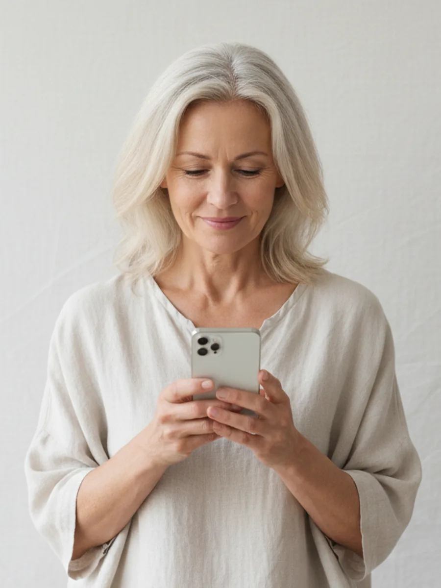 A woman looking at her phone, following her plan.