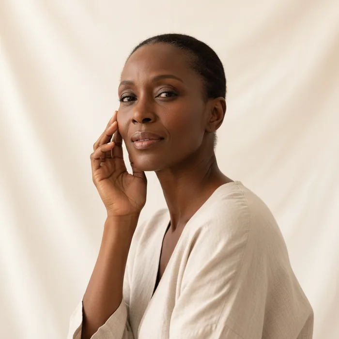A woman with her fingertips at her cheekbone.