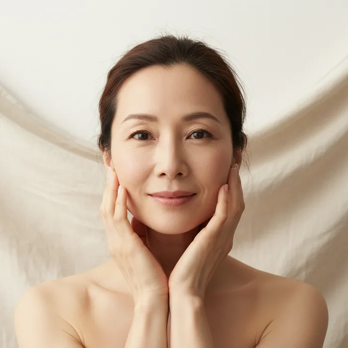 A woman framing her jawline with both hands.