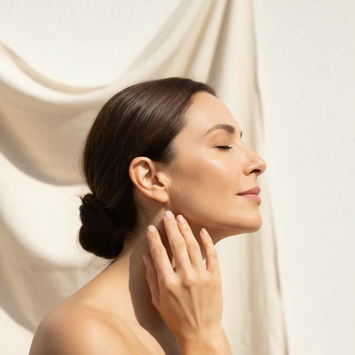 A woman drawing an upward line along her neck.