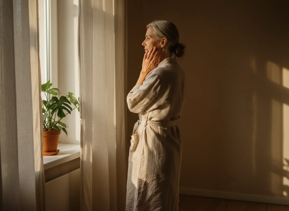 A woman standing at a window in the early morning.