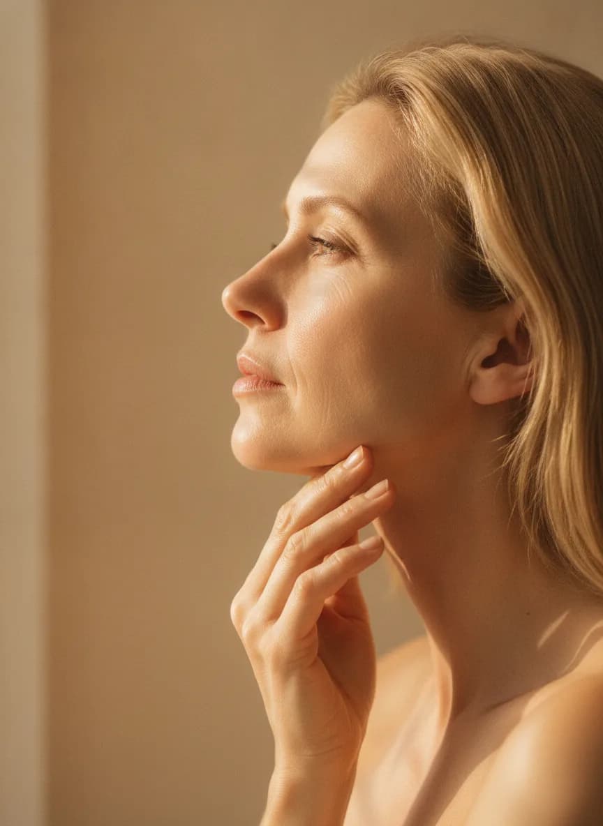 Profile of a woman drawing an upward line along her jawline.