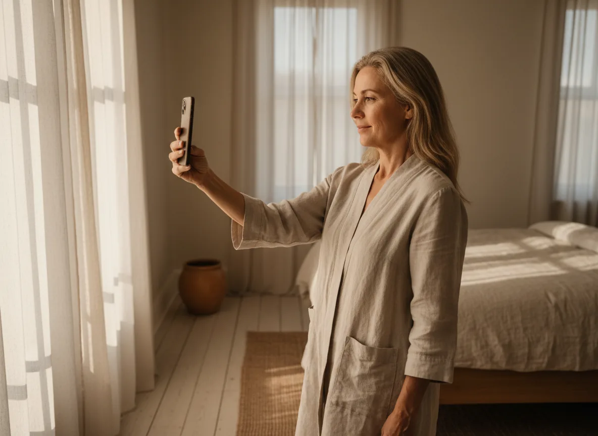 A woman holding a phone at arm's length to photograph her own face.