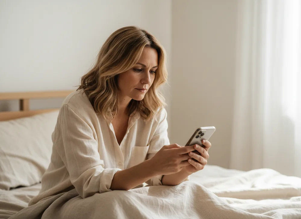 A woman sitting on a bed, looking down at her phone.