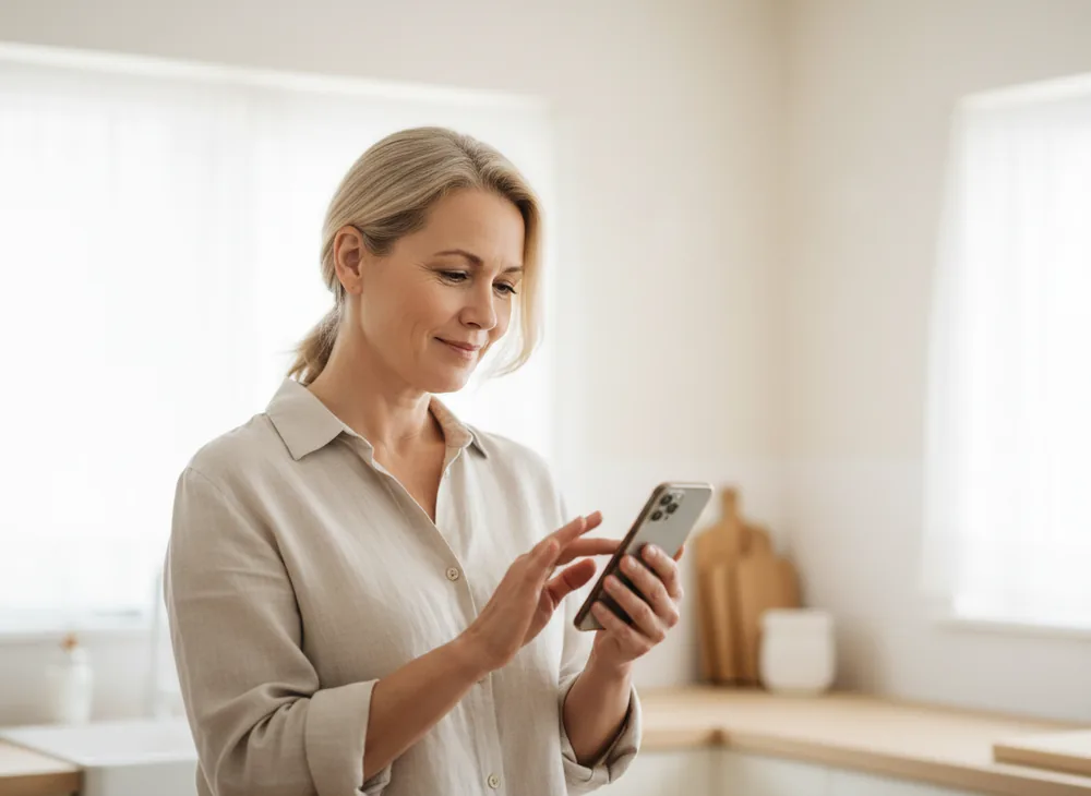 A woman looking at her phone with a small smile, in a bright kitchen.