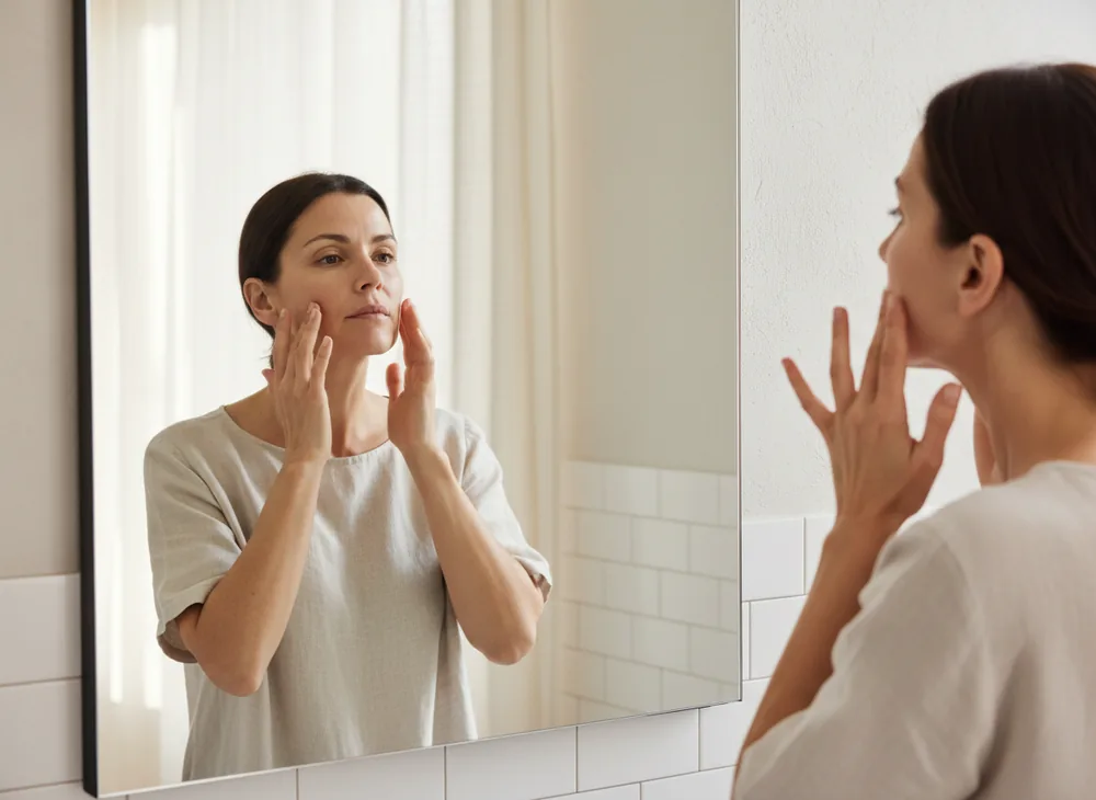 A woman in front of a mirror pressing upward along her jaw.