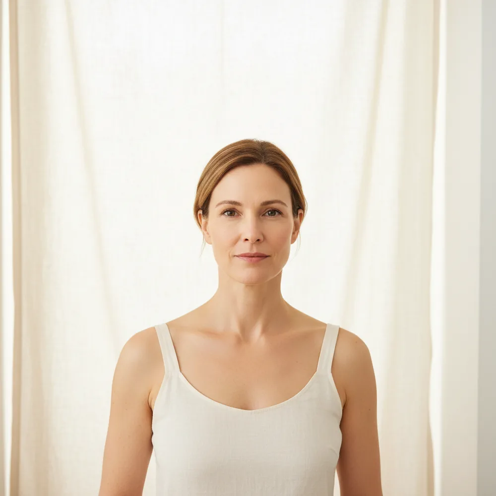 A straight-on portrait of a woman against a pale linen backdrop.